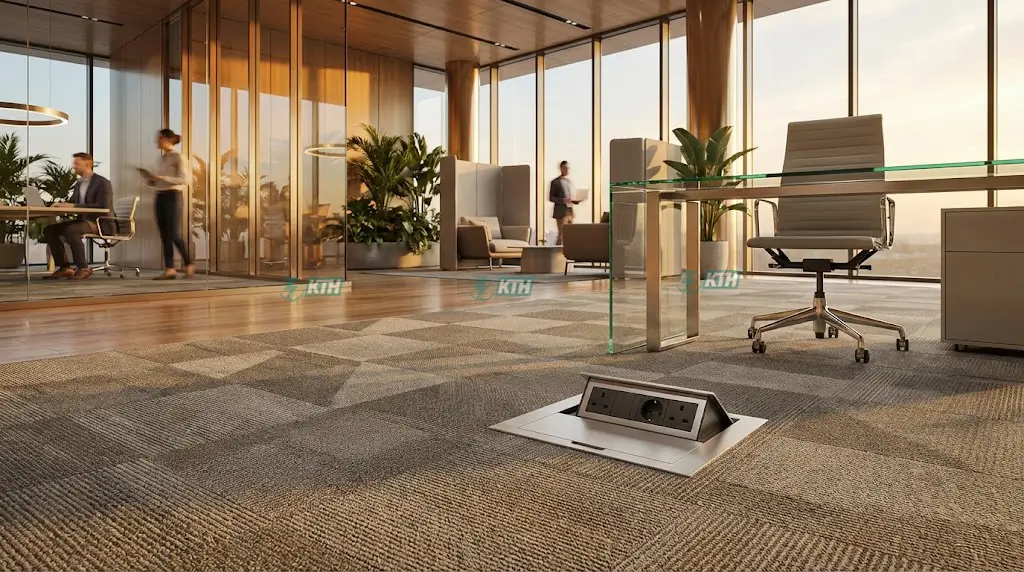 Thi công điện văn phòng trọn gói với hệ thống sàn nâng và ổ cắm âm sàn floor box thẩm mỹ.