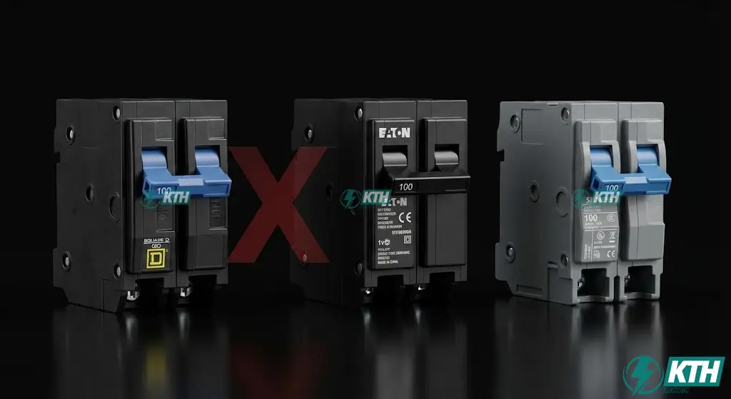 Comparison lineup of 100 amp double-pole circuit breaker brands (Square D, Eaton, Siemens) highlighting the physical differences and incompatibility warnings for panel use.