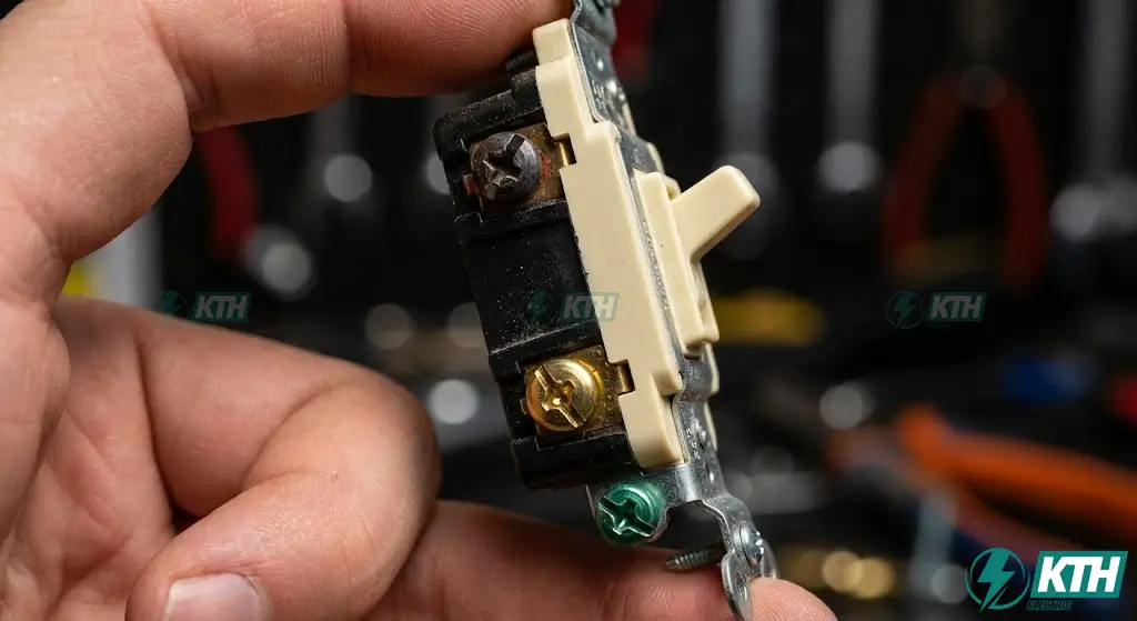 Macro close-up view identifying the dark-colored common terminal versus brass traveler screws, applicable to generic and Leviton 3 way switch wiring diagrams.