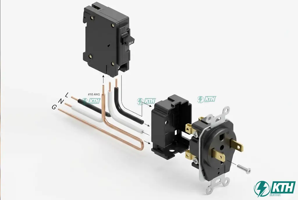3D Exploded View of 30A RV Wiring Components: 30A Single-pole Circuit Breaker, #10 AWG Wire, and TT-30 Receptacle.