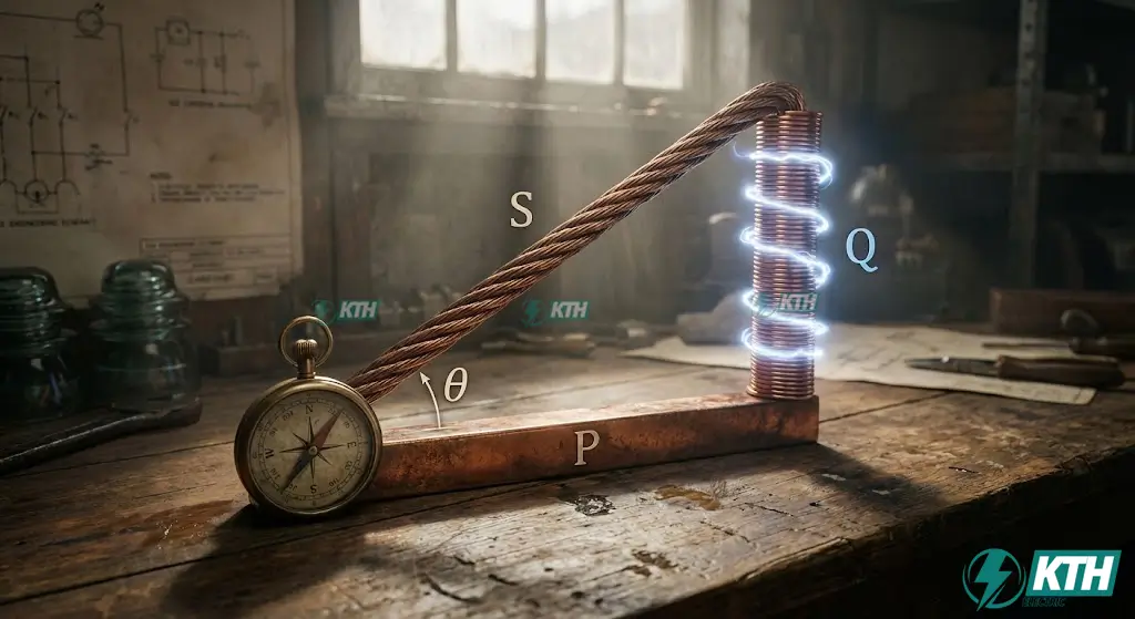 3D visual representation of the Electrical Power Triangle on a workbench, illustrating the trigonometric relationship between Active Power (P), Reactive Power (Q), and Apparent Power (S) with phase angle theta.