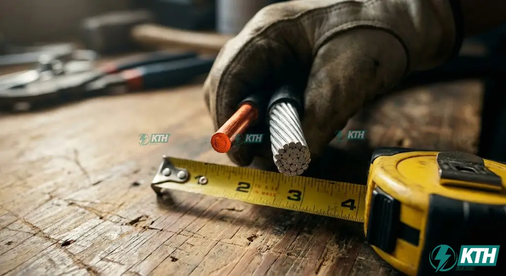 Close-up comparison of #6 AWG copper wire versus #4 AWG aluminum wire for 50 amp circuit breaker sizing per NEC standards.