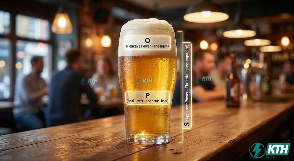 Active vs Reactive Power Explained: Formulas & The "Beer Analogy" 3 The beer analogy for power factor explained visually: Liquid beer represents Real Power (P), foam represents Reactive Power (Q), and the total glass capacity represents Apparent Power (S).
