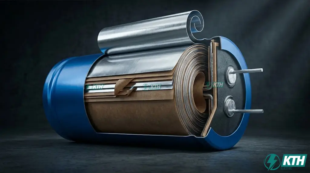 Internal structure cutaway of an aluminum electrolytic capacitor showing the wound layers of anode foil, cathode foil, and liquid electrolyte.