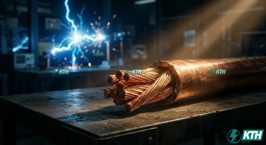 Close-up of heavy-duty copper electrical wire strands symbolizing electric current flow and ampere load capacity.