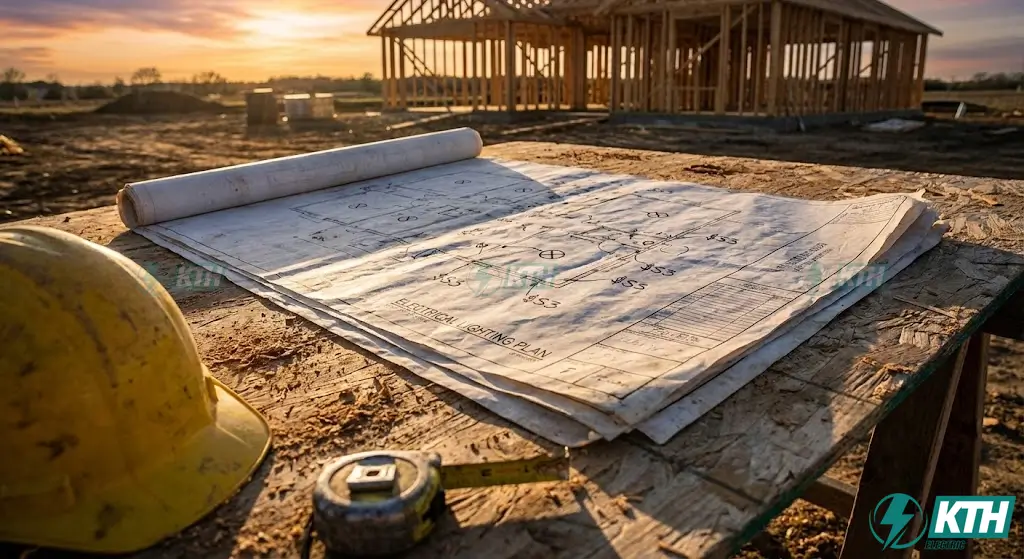 Residential architectural electrical floor plan showing lighting symbols, 3-way switches S3, and duplex receptacle outlets.