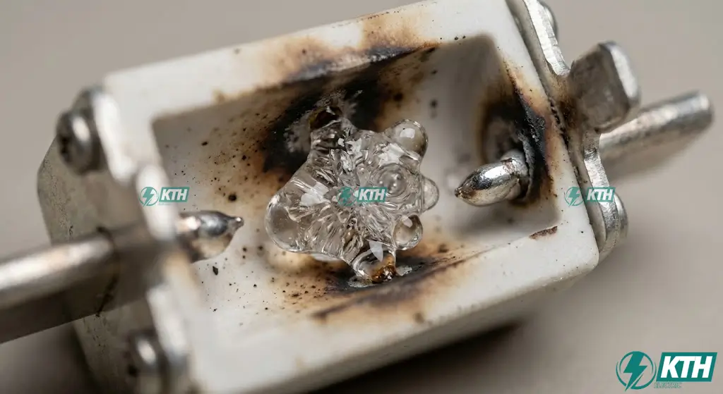 HRC Fuses Explained: High Rupturing Capacity Guide (2025) 3 Close-up of a blown HRC fuse interior showing the fused silica sand glass bead formed during arc extinction, demonstrating the current limiting cut-off principle.