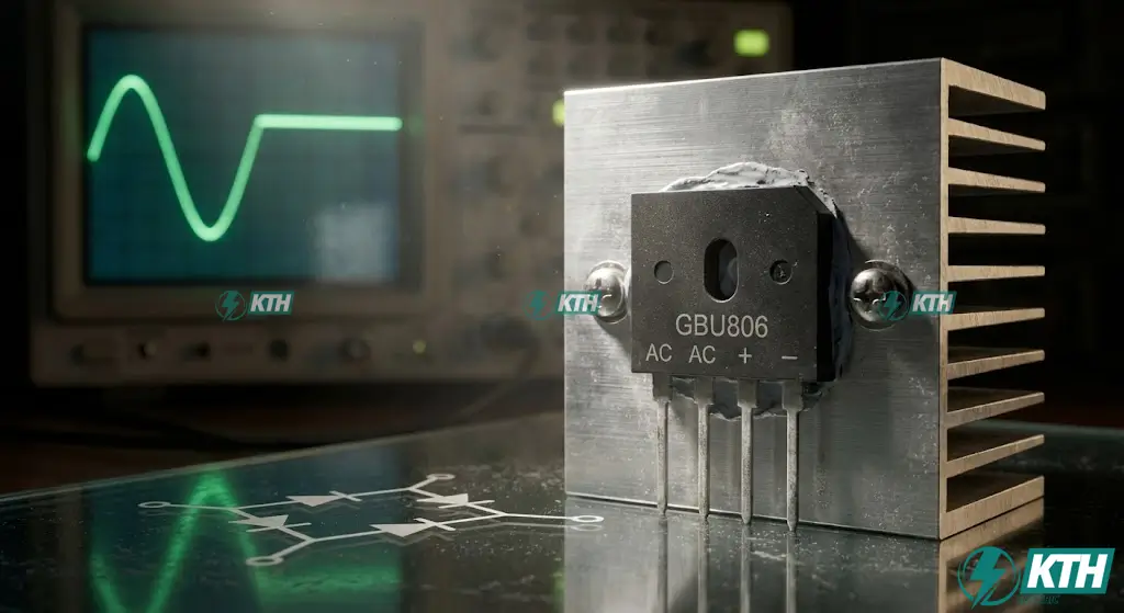 Diode Symbols Guide: Complete List & Functions (2025) 10 Bridge rectifier component converting AC sine wave to DC signal, visualized with an oscilloscope background and circuit symbol.