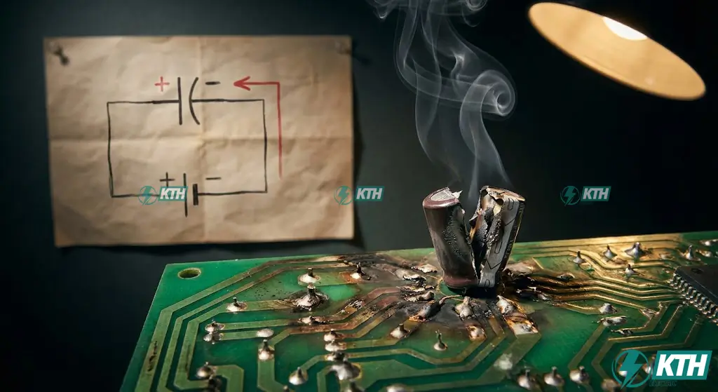 Damaged circuit board with a bulging electrolytic capacitor caused by reverse polarity connection error due to misreading schematic symbols.