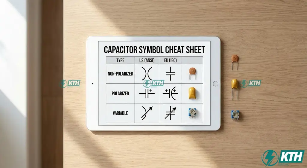 Electrical engineering cheat sheet comparing ANSI vs IEC capacitor symbols for non-polarized, polarized, and variable capacitors.