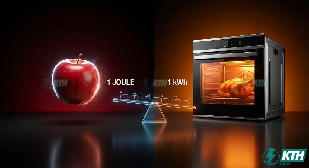 Visual comparison showing 1 Joule as lifting an apple versus 1 kWh as running an electric oven for an hour.