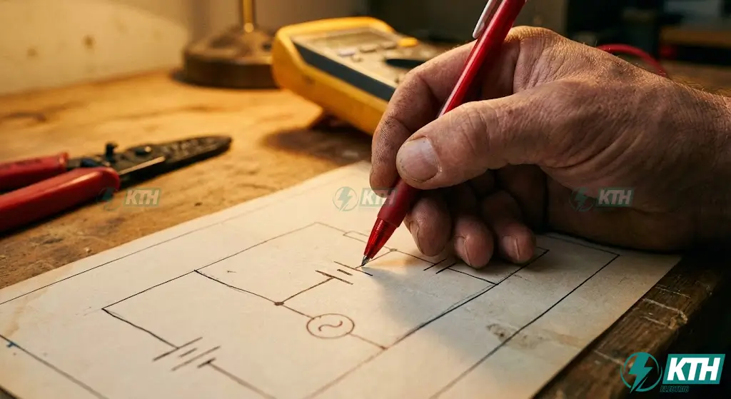Engineer pointing to DC battery symbol and AC voltage sine wave symbol on an electrical circuit diagram schematic.