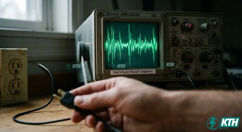 An oscilloscope screen showing a noisy "dirty electricity" waveform with high electromagnetic interference spikes, illustrating the risk of using indoor grounding mats with unstable home wiring.