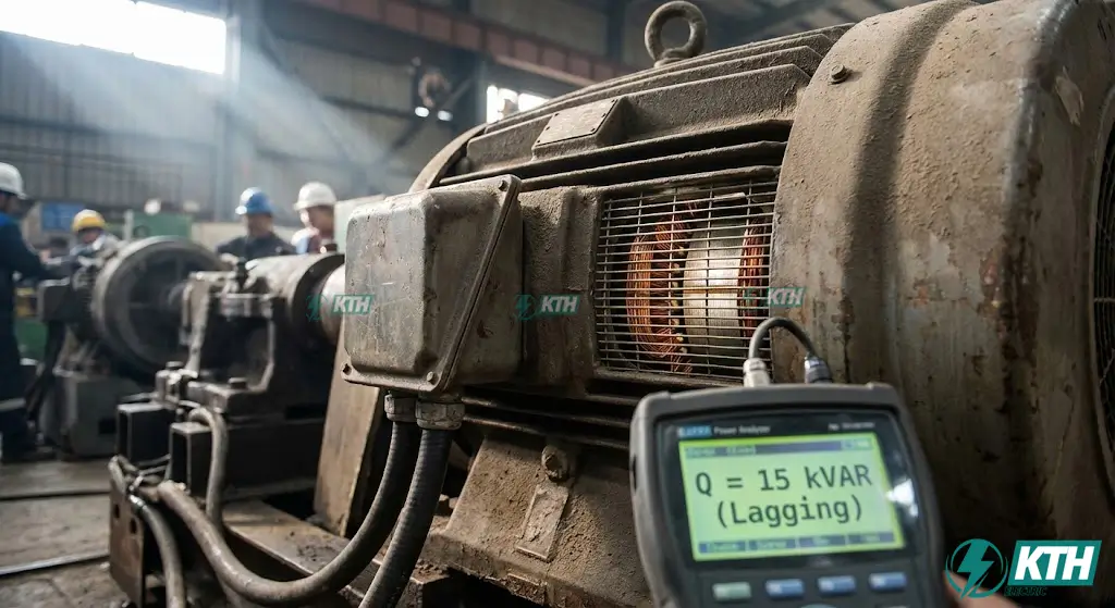 Active vs Reactive Power Explained: Formulas & The "Beer Analogy" 1 Cận cảnh động cơ cảm ứng công nghiệp (Induction Motor) đang hoạt động, là một ví dụ điển hình của tải cảm (Inductive Load) tiêu thụ công suất phản kháng (Reactive Power Q) và gây ra hệ số công suất trễ (Lagging PF).