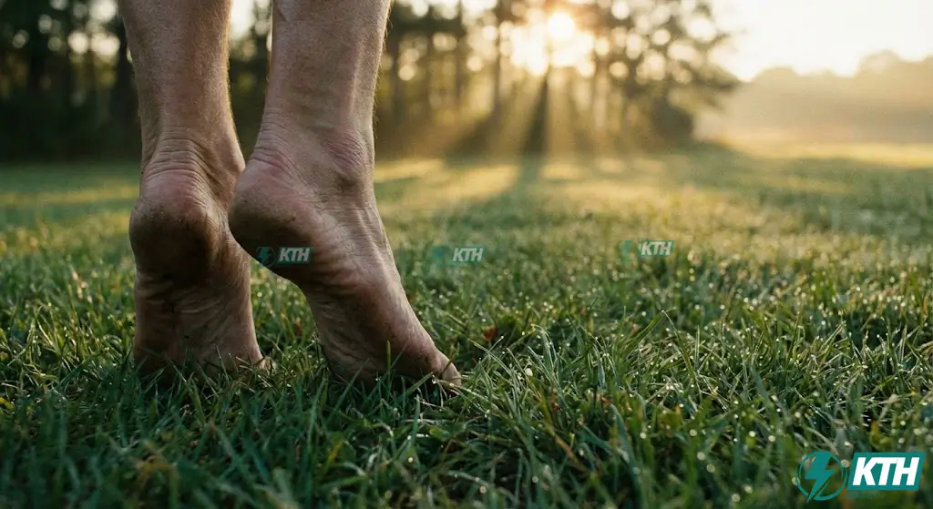 A person walking barefoot on wet grass during sunset, demonstrating direct skin contact with the earth for grounding and electrical safety.