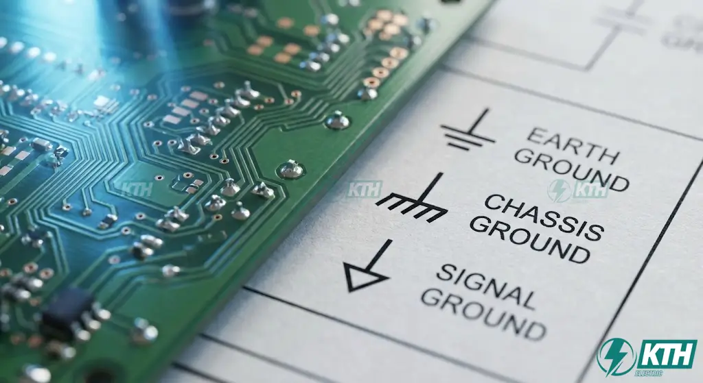 Electrical grounding symbols chart showing Earth Ground PE, Chassis Ground, and Signal Digital Ground notation on a schematic.