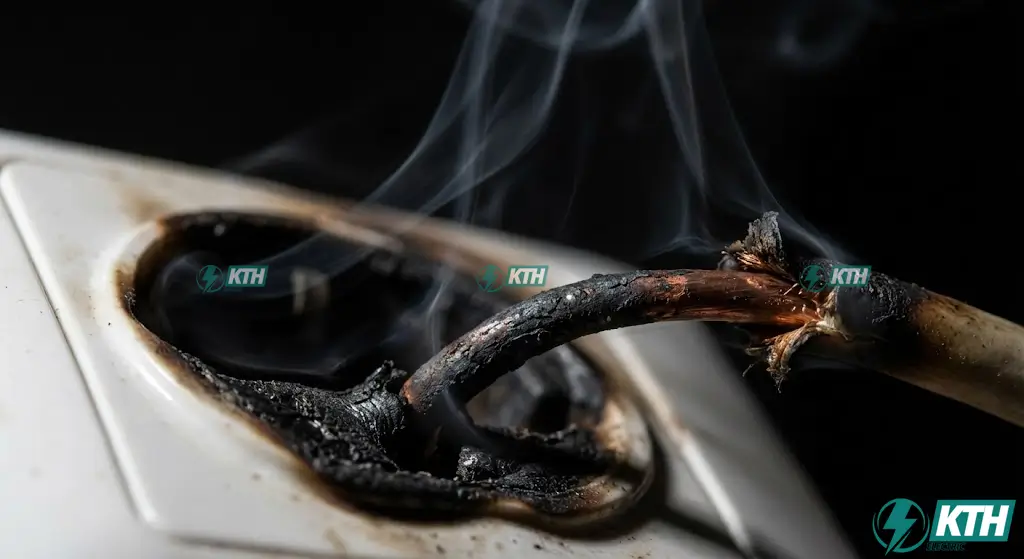 Melted electrical outlet and charred wire caused by amperage overload and incorrect wire sizing, illustrating fire hazards.