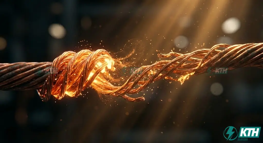 Electric potential difference diagram showing electron charge movement through a copper conductor from high to low potential.