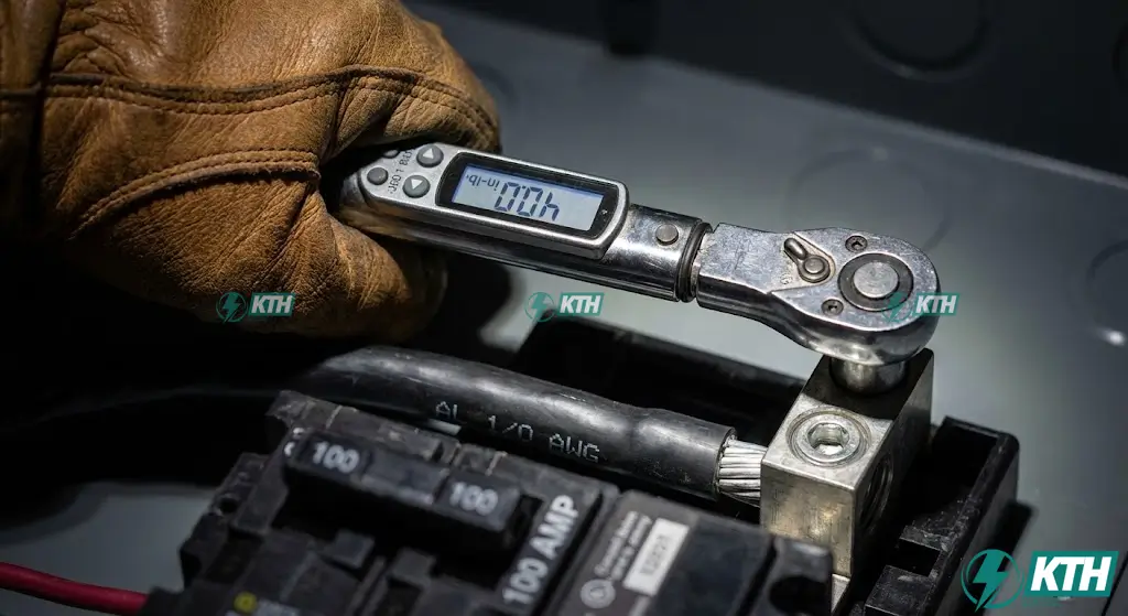 Electrician applying precise torque (45-50 inch-pounds) to a 100 amp breaker lug using a torque wrench, demonstrating compliance with NEC 110.14(D) for safe electrical installations.
