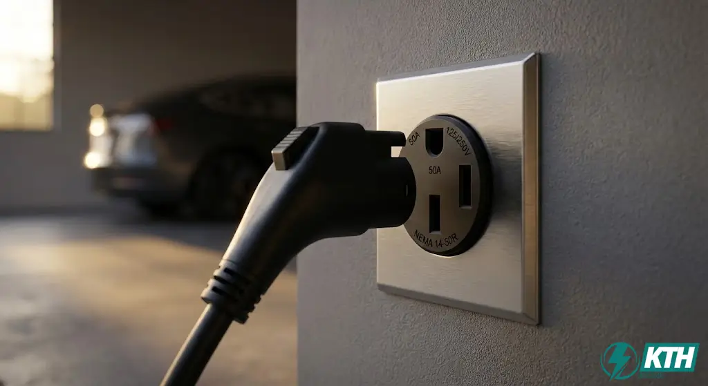 Close-up of an installed NEMA 14-50R 50A 125/250V receptacle outlet, commonly used for heavy-duty EV charging stations and electric ranges.