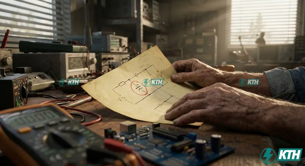 Senior electrical engineer analyzing a hand-drawn schematic diagram focusing on the polarized capacitor symbol ANSI standard versus IEC standard.