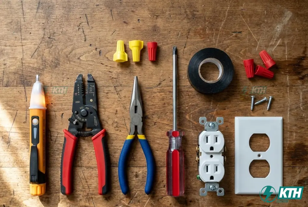 Flat lay photo of essential tools for wiring an outlet, including voltage tester, wire strippers, pliers, wire nuts, and a new receptacle.