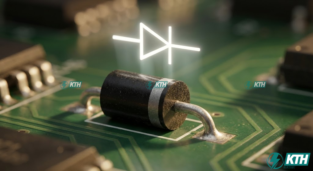 Diode Symbols Guide: Complete List & Functions (2025) 2 Macro shot of a 1N4007 rectifier diode on a PCB with its schematic symbol overlaid, illustrating the physical component versus the electronic symbol.