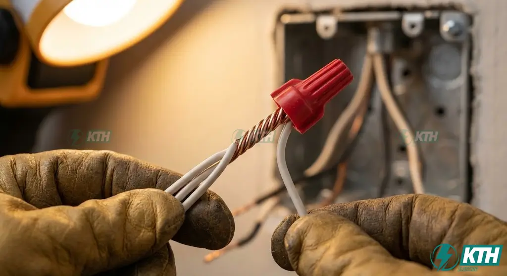 Close-up demonstration of the pigtail wiring method, joining multiple circuit wires with a wire nut to feed a single outlet receptacle.