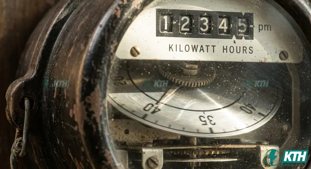 Close up of an analog electricity meter dials and spinning disc, illustrating how to read kilowatt-hour usage on legacy meters.