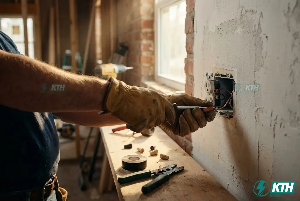 A professional electrician installing a standard 120V electrical outlet receptacle, connecting hot, neutral, and ground wires according to safety codes.