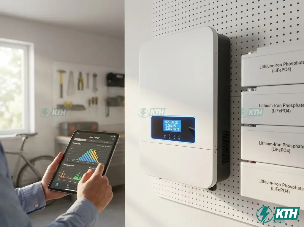 Modern hybrid solar inverter and LiFePO4 battery storage system mounted in a garage, connected to a smart monitoring app on a tablet.