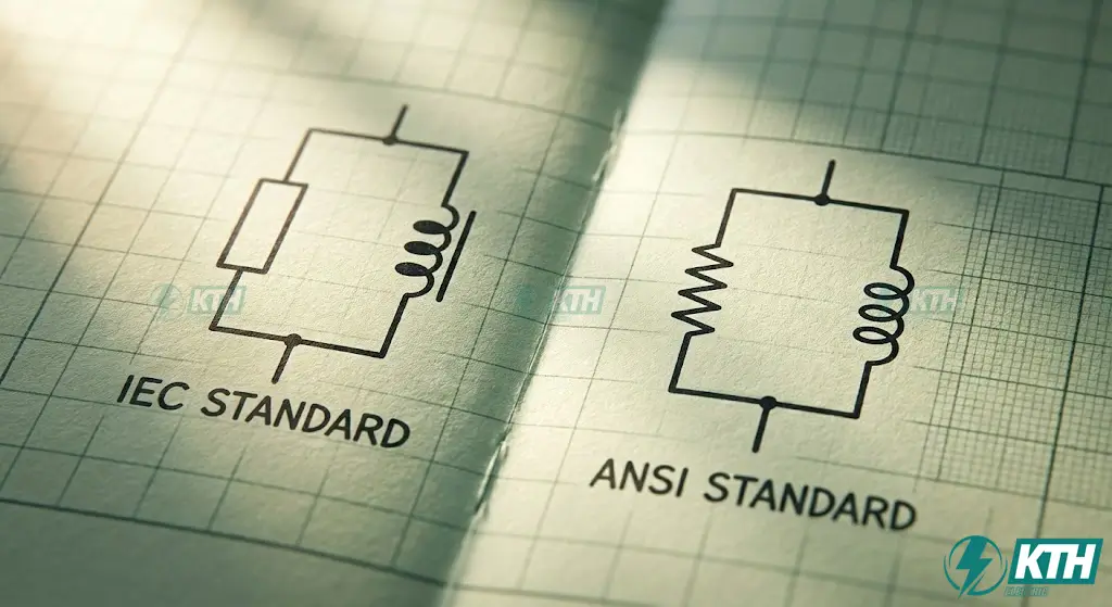 Comparison of IEC rectangular resistor symbol versus ANSI zigzag resistor symbol and inductor coils on technical engineering graph paper.