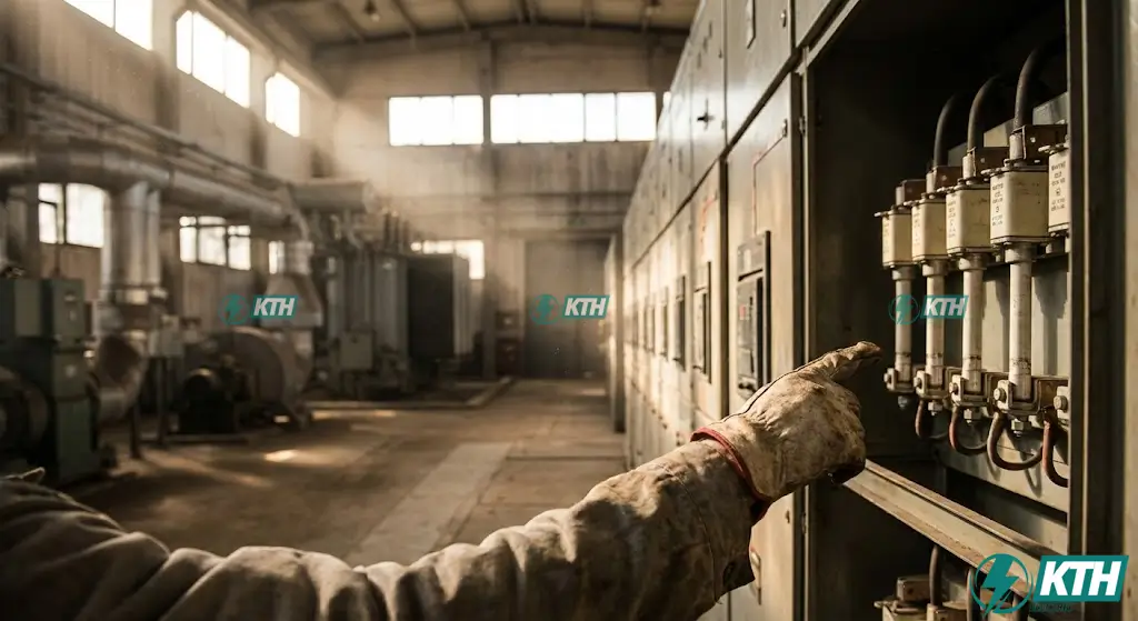 An electrical engineer inspects High Rupturing Capacity (HRC) fuses installed in a large industrial switchgear panel to prevent catastrophic short circuit faults and electrical fires in a substation environment.