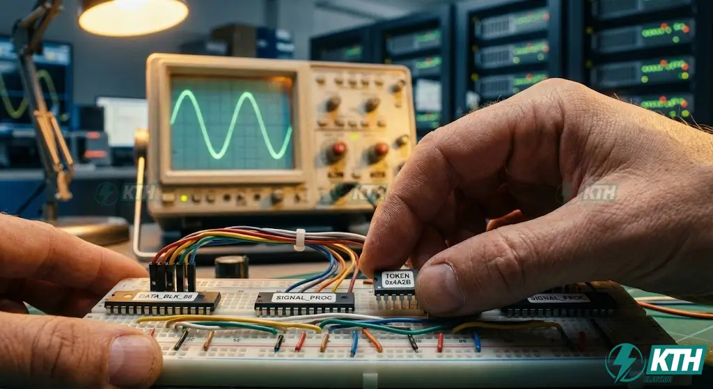 Transformer Diagram Decoded: A Systems Engineering Guide (2025) 2 Close-up view of an engineer converting raw data tokens into electronic signals on a breadboard, visualized on an oscilloscope, representing input embeddings.