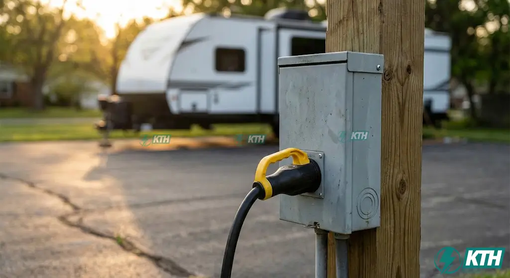 Completed DIY 30 amp RV hookup installation at home featuring a weatherproof NEMA 3R enclosure mounted on a wooden pedestal with a connected travel trailer power cord.