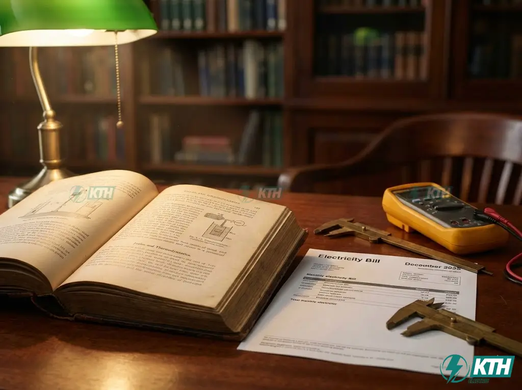 Top-down view of an engineer's desk featuring a physics textbook defining Joules alongside a monthly electricity bill showing kWh usage, symbolizing the difference between SI units and billing units.