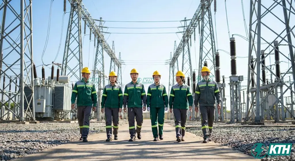 Professional KTH Electric engineering team inspecting a high-voltage industrial substation in Vietnam, ensuring safety and ISO compliance