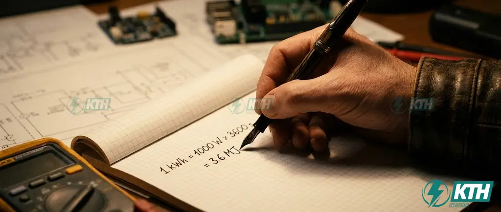 Step-by-step mathematical derivation formula converting 1 kilowatt-hour to 3.6 Megajoules (MJ) written in an engineering notebook.