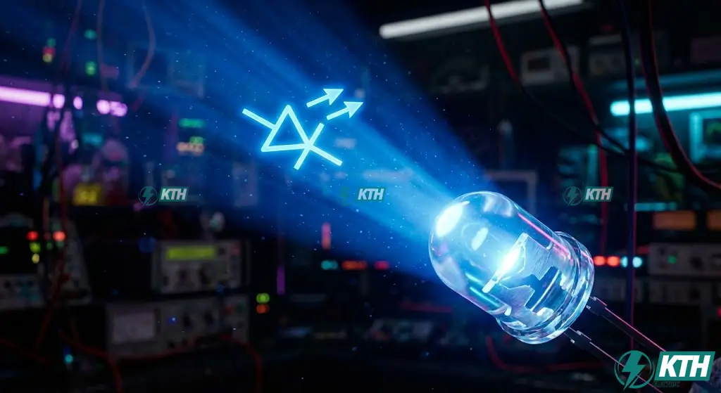 Diode Symbols Guide: Complete List & Functions (2025) 4 Clear 5mm LED emitting blue light, illuminating its schematic symbol, representing electroluminescence in optoelectronics.