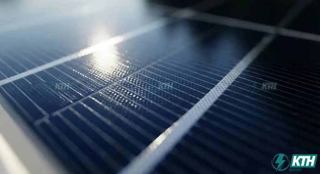 Extreme close-up of an N-type monocrystalline silicon solar cell texture showing anti-reflective coating and busbars under tempered glass.