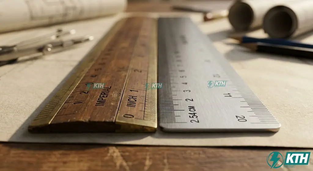 A side-by-side comparison of an inch ruler and centimeter ruler showing how to convert cm to inches and feet.