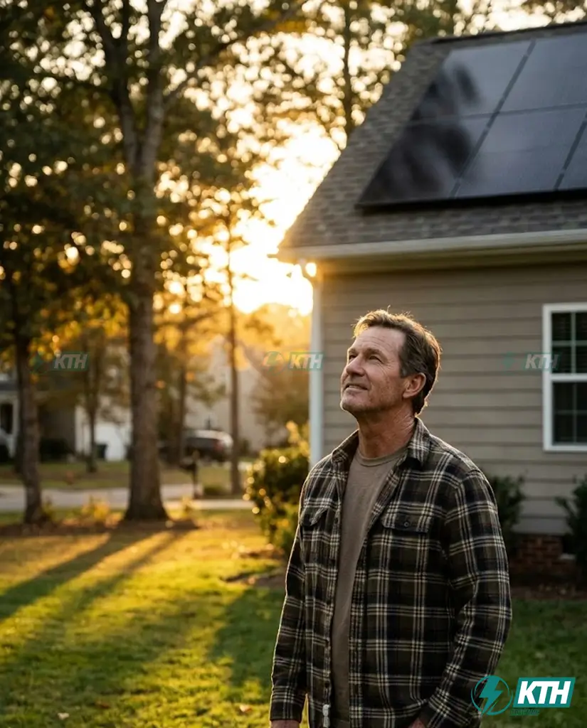 Homeowner in North Carolina inspecting a high-efficiency all-black monocrystalline solar panel system on a residential roof during sunset.