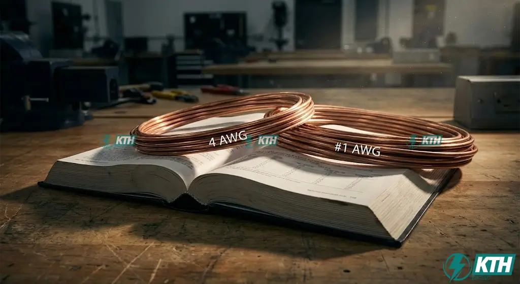 Comparison of #4 AWG vs #1 AWG copper wire sizes on an NEC Table 310.16 page, demonstrating the correct wire size for 100 amp breaker general load circuits versus residential service conductors.