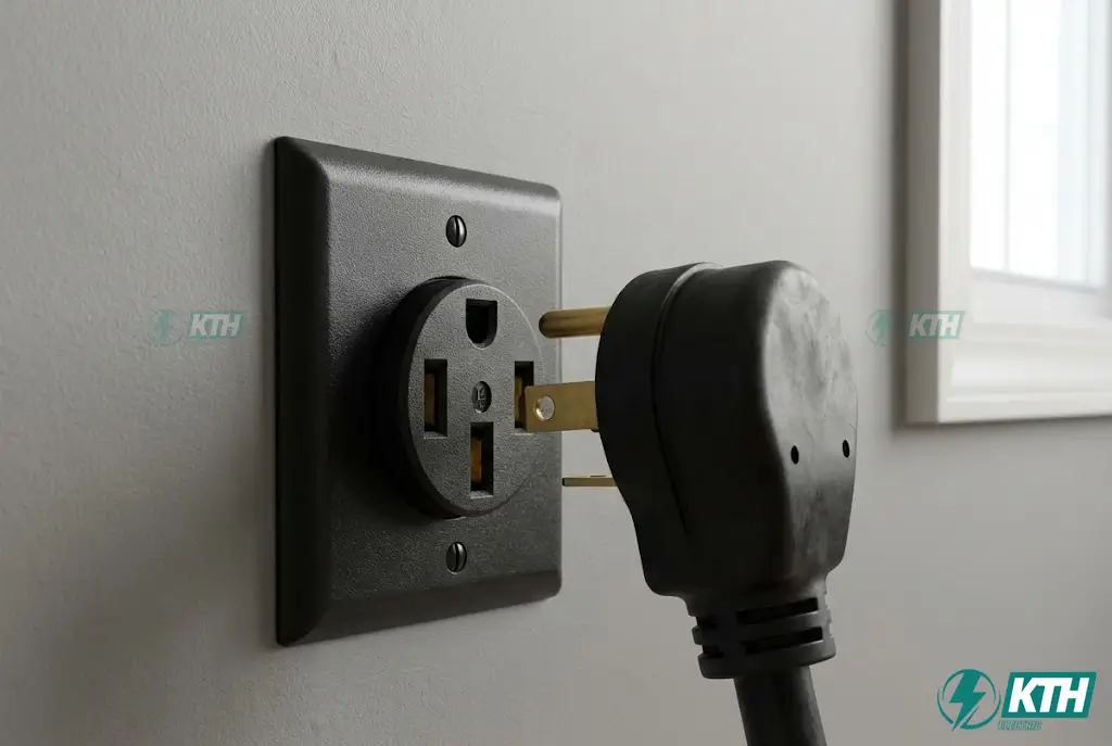A installed 4-prong NEMA 14-30 240V dryer outlet receptacle with a heavy-duty plug partially inserted, suitable for modern dryers.