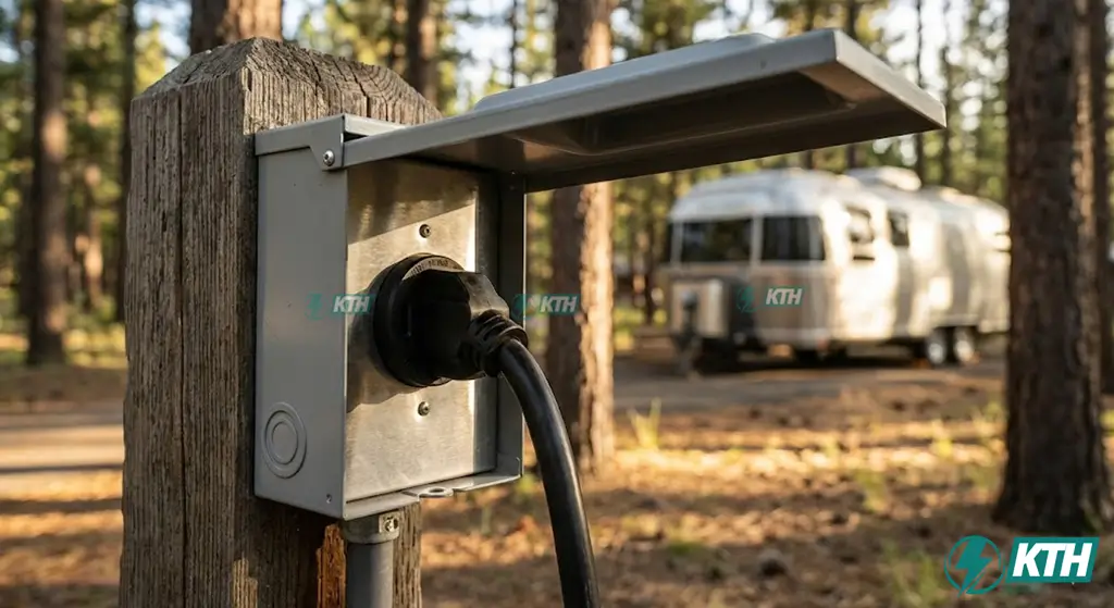 Fully installed 30A NEMA TT-30 RV receptacle housed in a NEMA 3R weatherproof enclosure at a campsite.