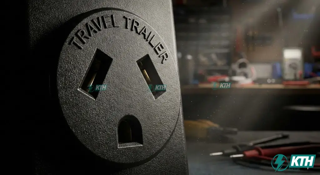 Close-up of the NEMA TT-30R 30A 125V receptacle face, featuring the distinct 3-prong configuration designed for RVs and Travel Trailers to distinguish it from 240V outlets.
