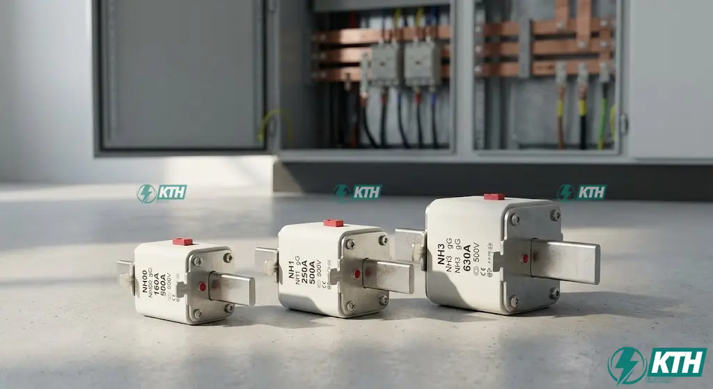 HRC Fuses Explained: High Rupturing Capacity Guide (2025) 4 Various sizes of NH blade type HRC DIN fuses used in industrial main switchboards and feeder pillars, featuring ceramic bodies and visual indicators.