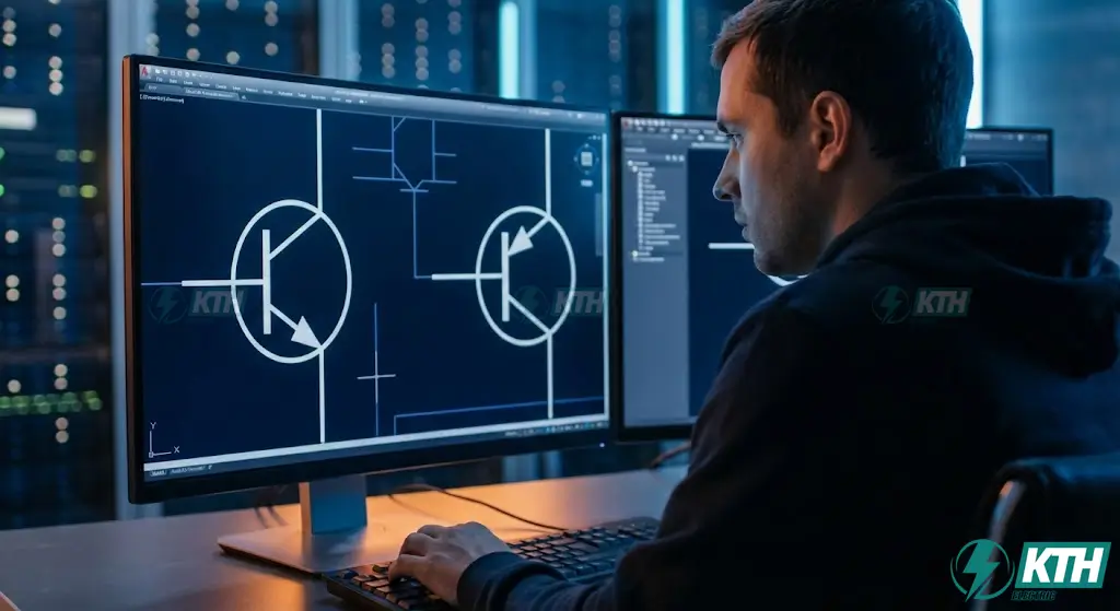 AutoCAD Electrical software screen showing NPN and PNP transistor symbols with arrow directions indicating current flow.