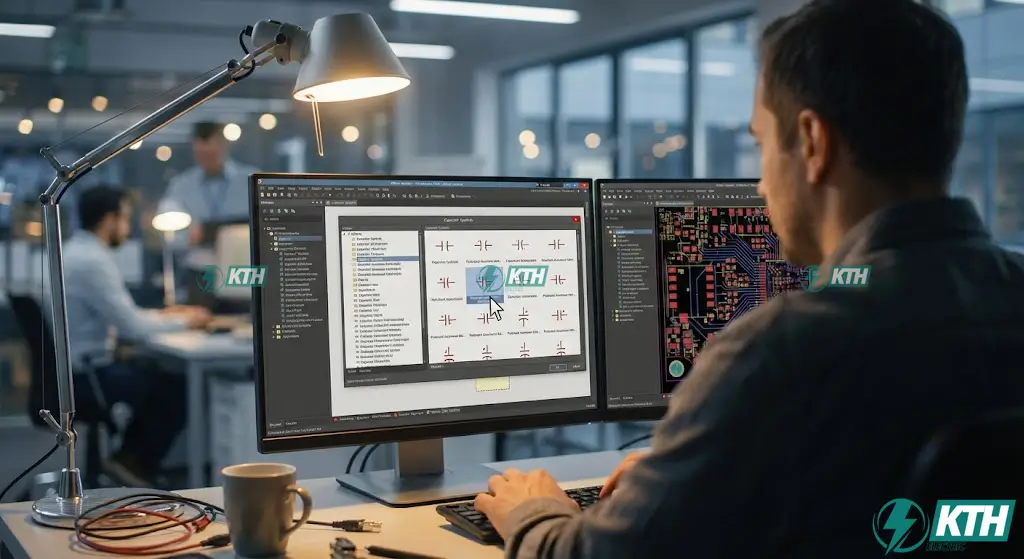 Electrical engineer selecting the correct capacitor footprint and schematic symbol in PCB design CAD software like Altium.