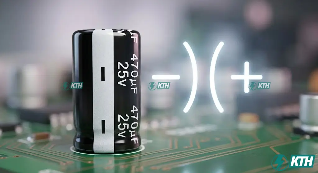 Macro shot of an aluminum electrolytic capacitor showing the negative stripe terminal compared with ANSI and IEC polarized capacitor schematic symbols.